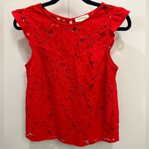 Monteau Sleeveless Ruffle Cotton Lace Top in Red